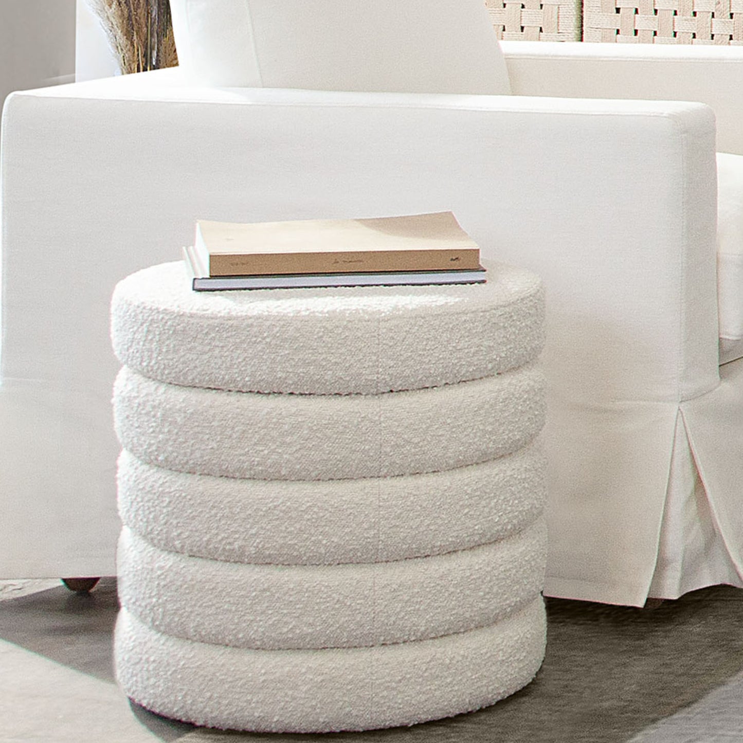 Helix Round Accent Ottoman in Ivory Boucle fabric