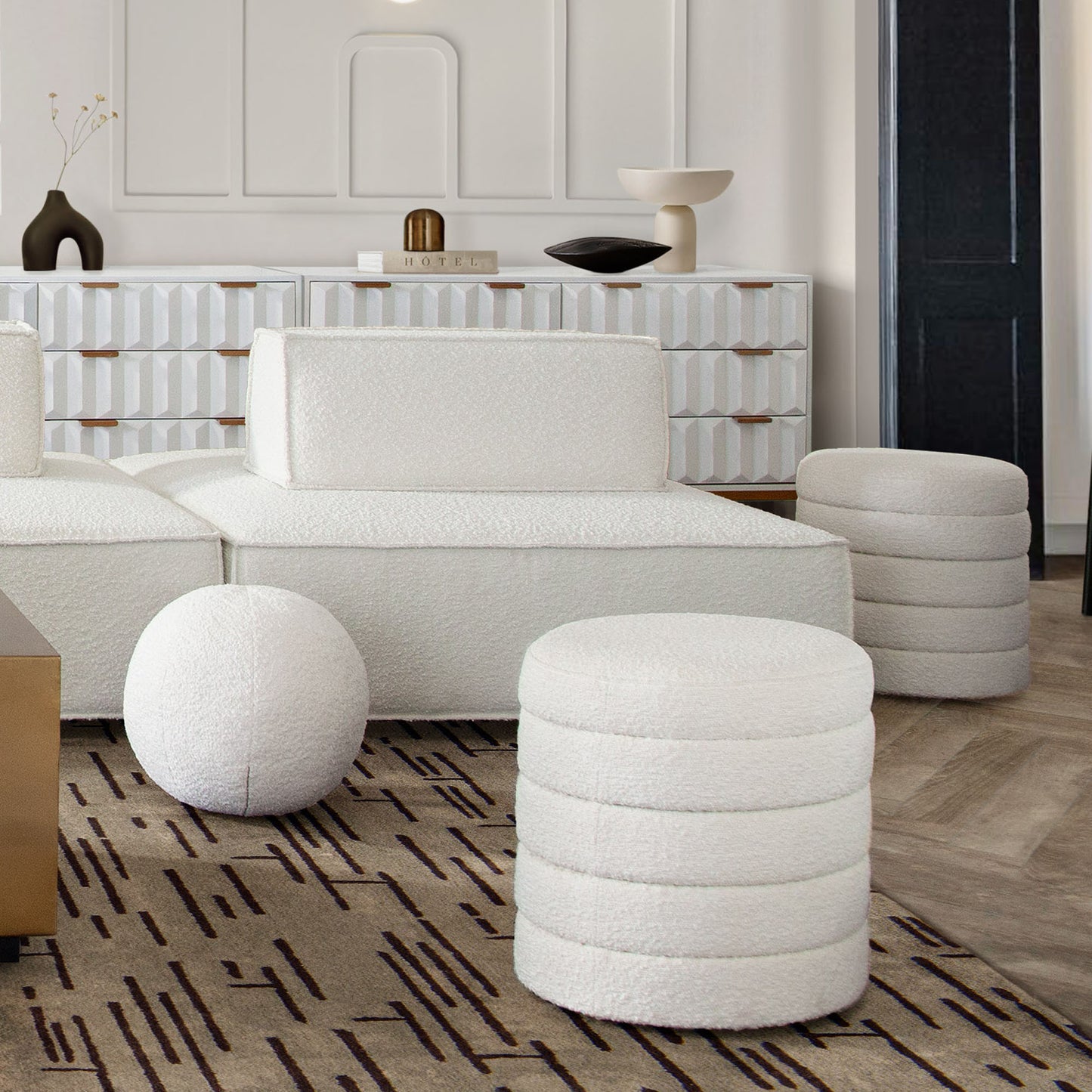 Helix Round Accent Ottoman in Ivory Boucle fabric