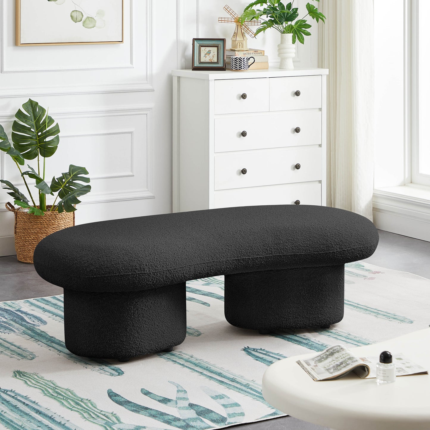 Luka Black Boucle Fabric Bench