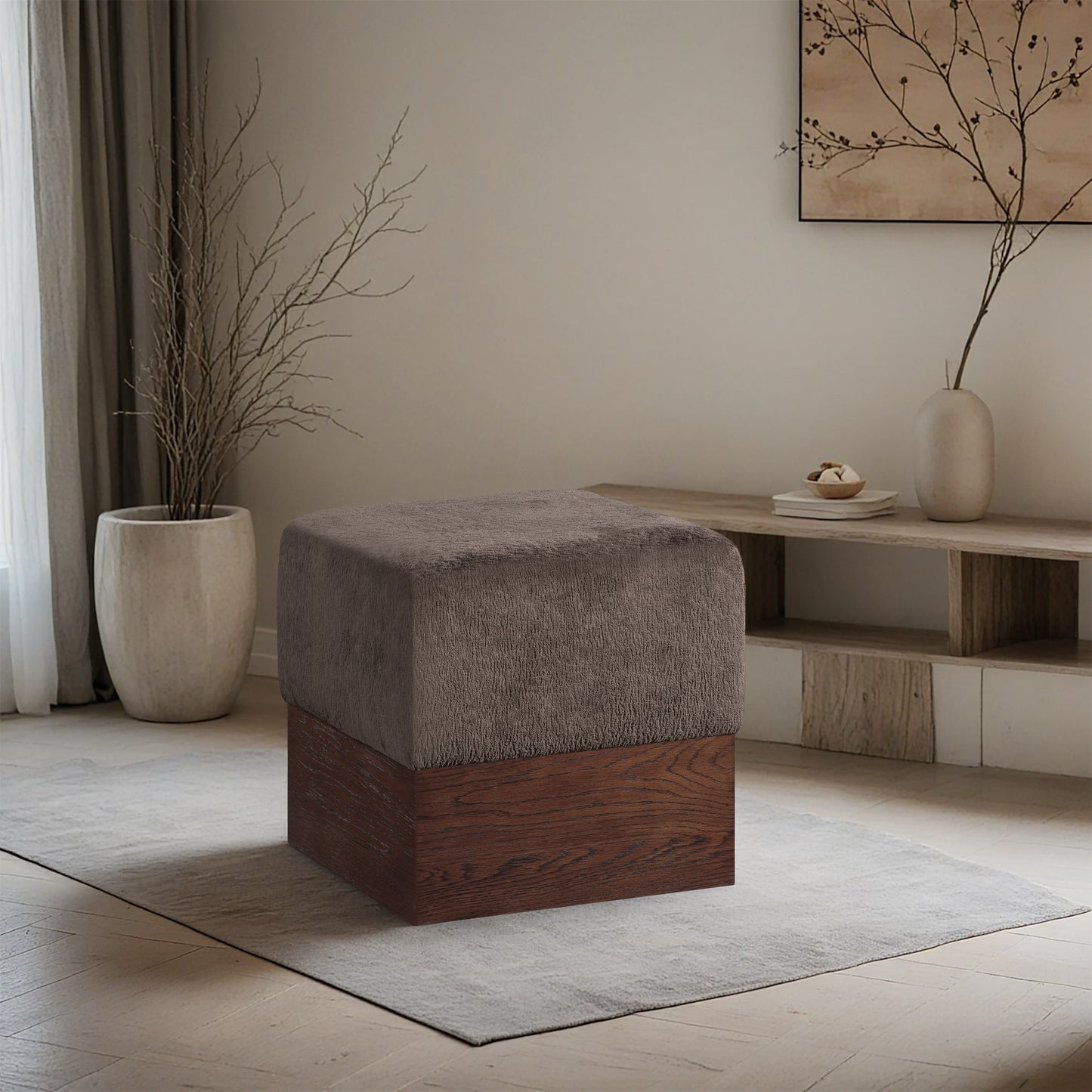 Havre Beige Velour Fur Fabric Ottoman/Stool