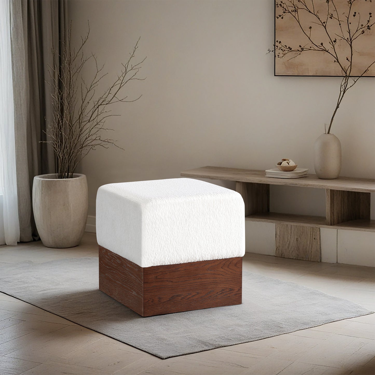 Havre Beige Velour Fur Fabric Ottoman/Stool