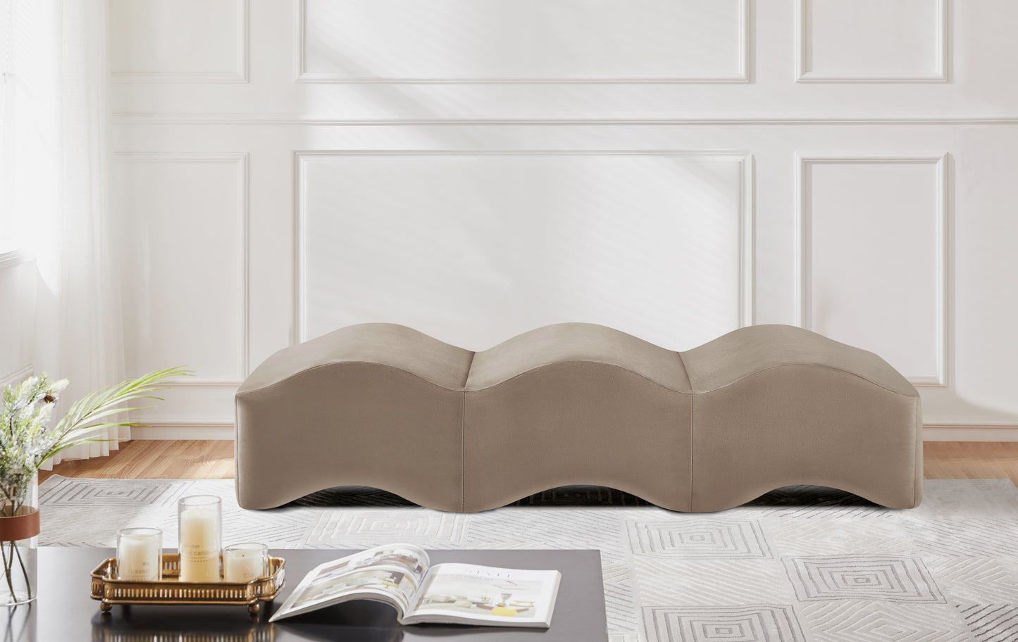 Wave Beige Velvet Bench