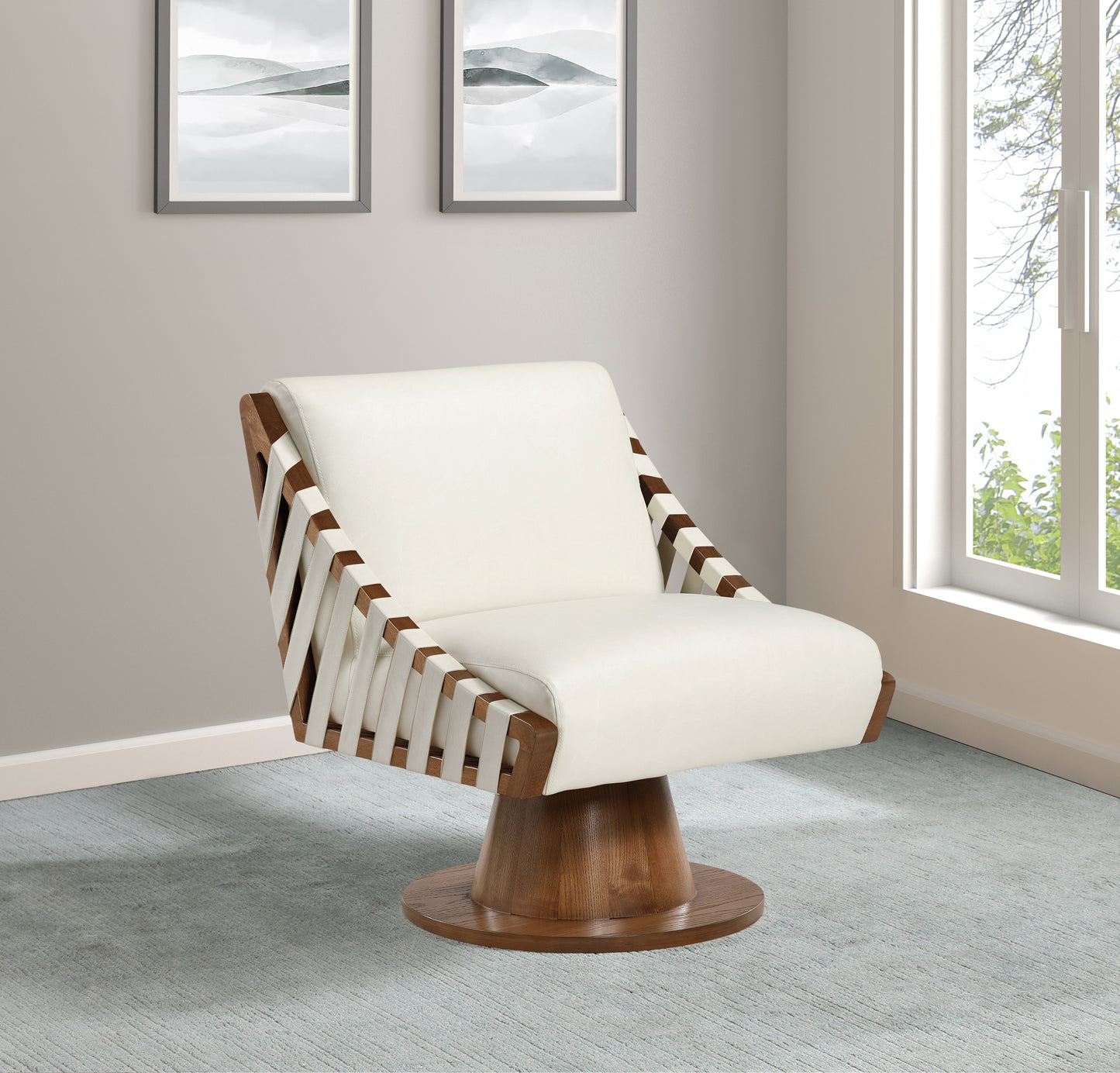 Millwin Cream Vegan Leather Swivel Accent Chair