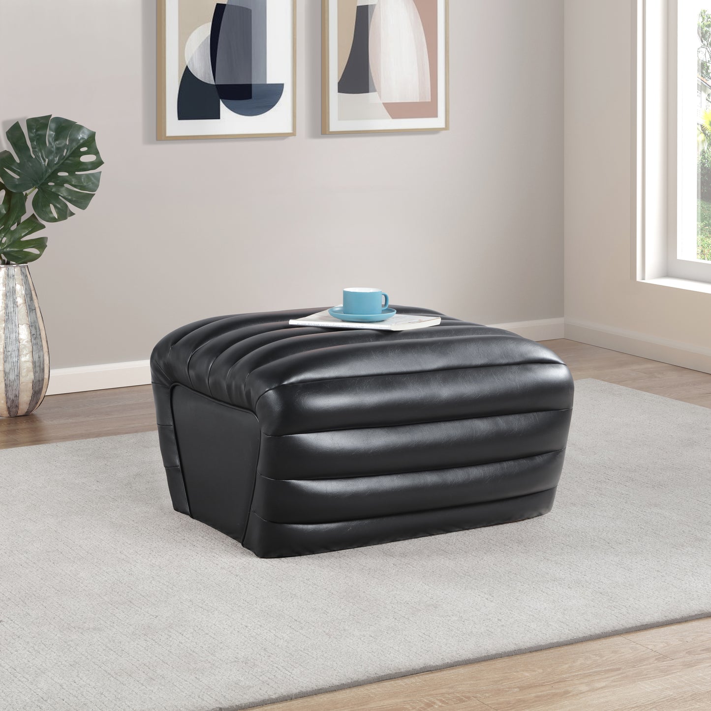 Vega Black Vegan Leather Ottoman