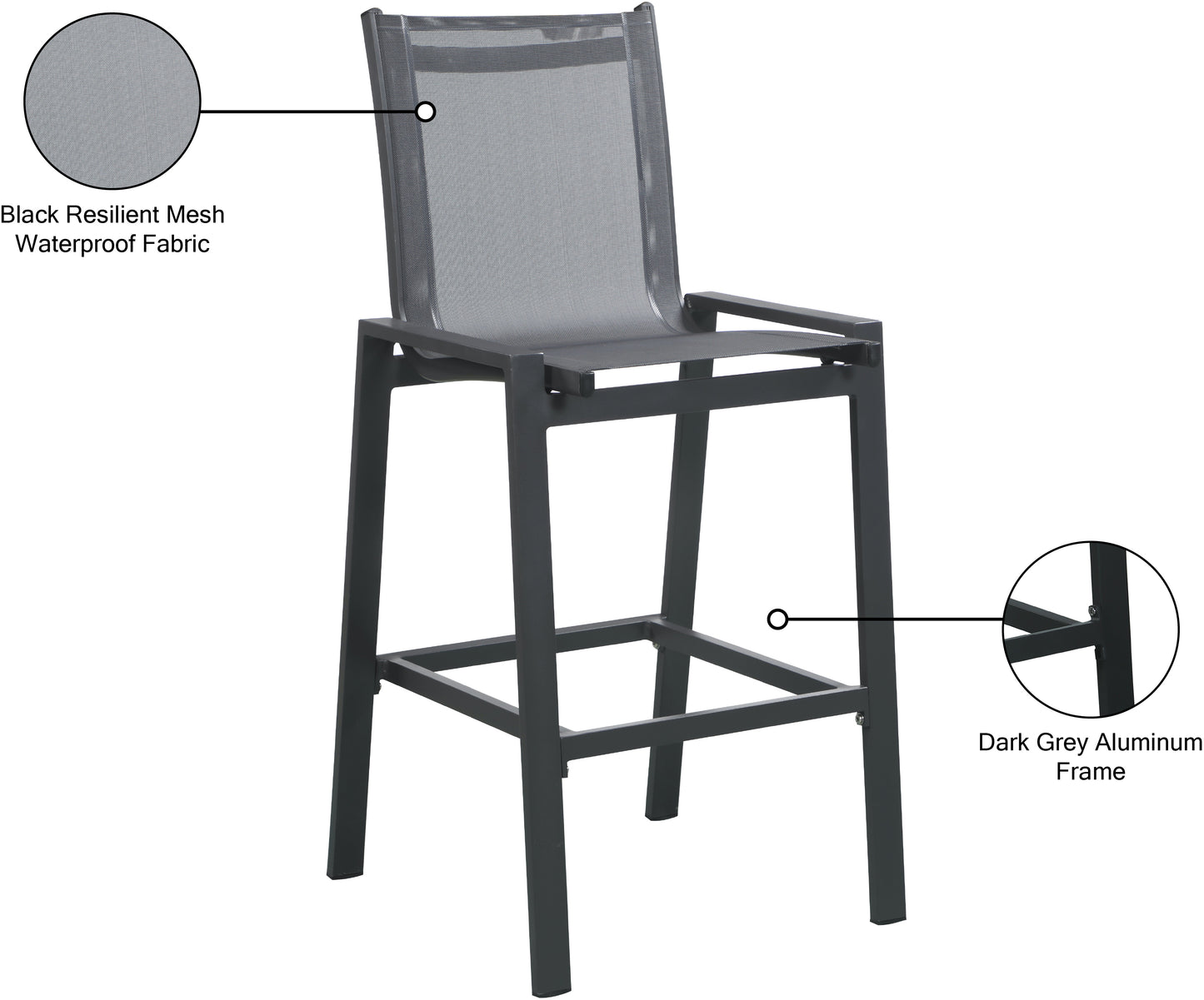 Nizuc Black Mesh Water Resistant Fabric Outdoor Patio Aluminum Mesh Barstool