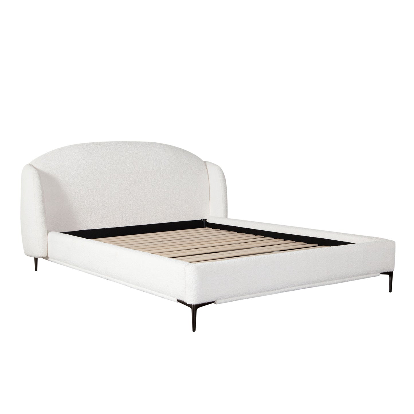 Path Low Profile Queen Bed in Oslo Ivory Fabric w/ Contoured Headboard and Black Metal Leg by Diamond Sofa