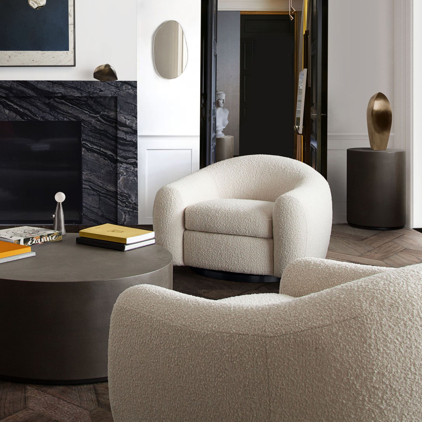 Pascal Swivel Chair in Boucle Textured Fabric w/ Contoured Arms & Back