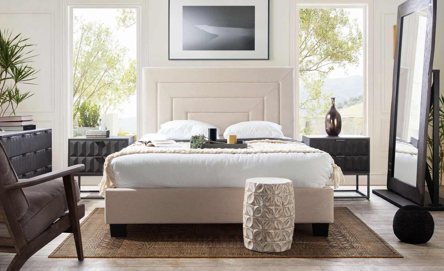 Arden Eastern King Bed w/ 54" Headboard in Cream Fabric by Diamond Sofa